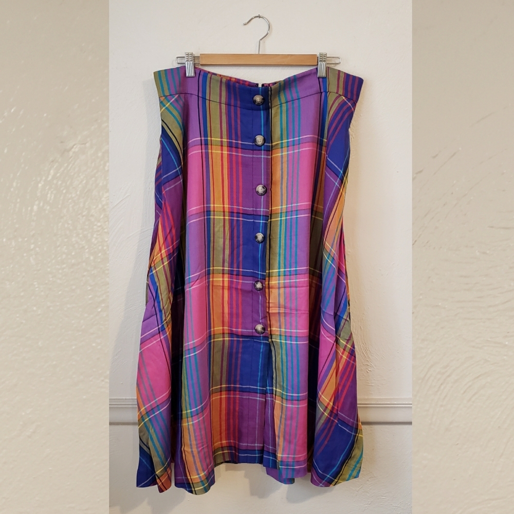 Jewel-tone madras plaid button front skirt sz 14 Ann Taylor